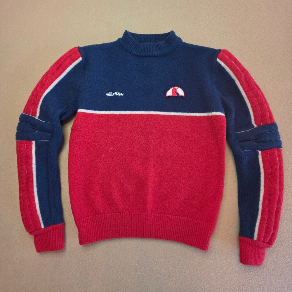 Ellesse Vintage 80s Pure New Wool Knit Sweater Red Navy Colorblock Sz Medium
